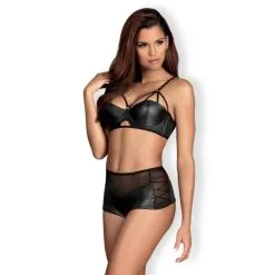 Leatheria Wetlook Lingerie Setje Met Netstof - Zwart